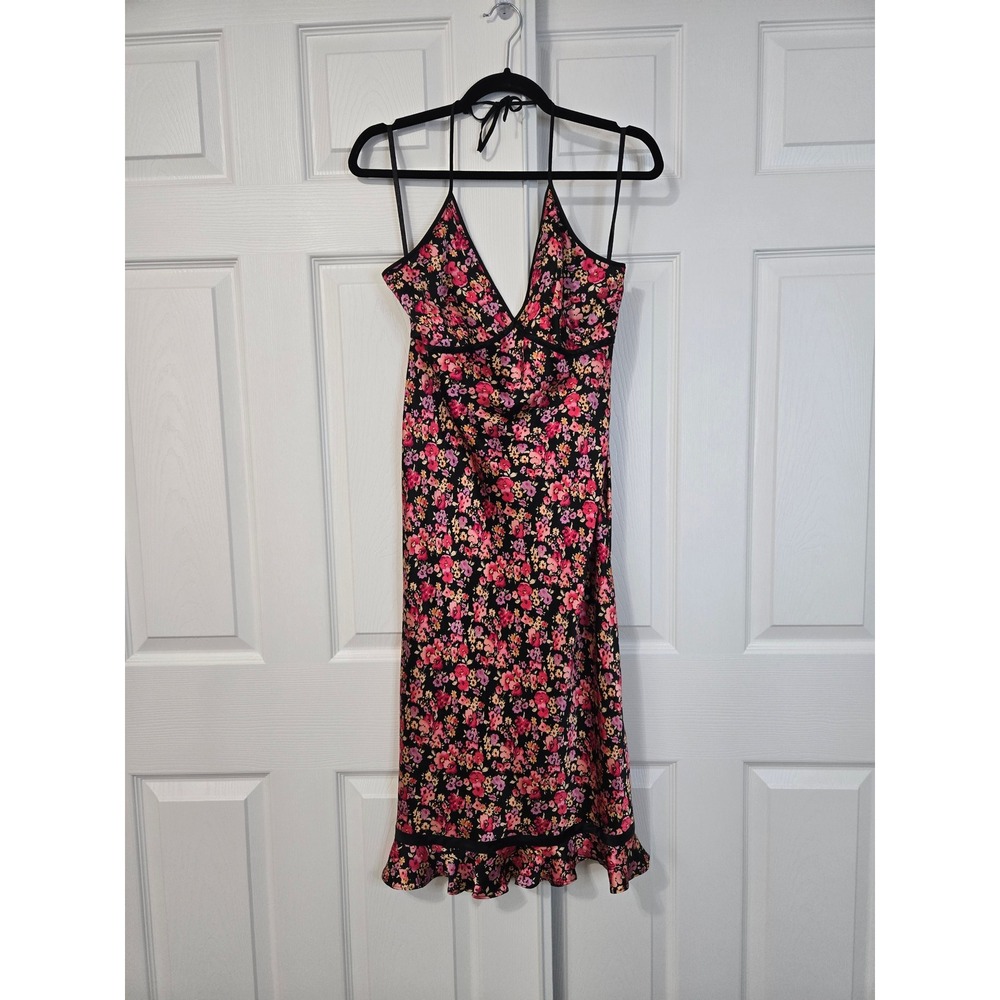 Express 100% Silk Floral Halter Midi Dress Black Pink Ruffle Hem Size 7/8